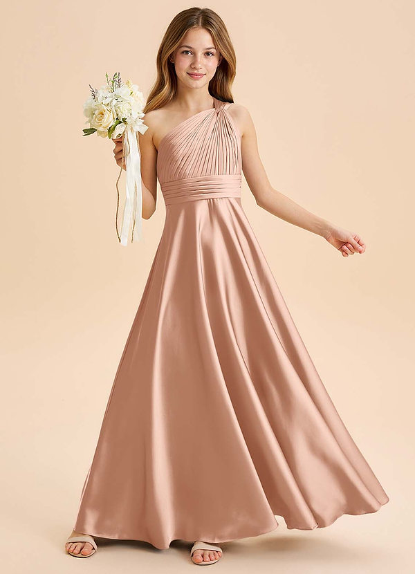 Azazie Charlize Junior Abito A-Line in Raso Elasticizzato Plissettato Oro Rosa image1