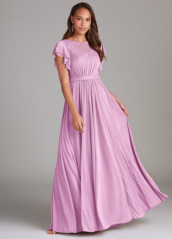 Azazie Daphne Modest Bridesmaid Dresses A-Line Ruched Mesh Floor-Length Dress image1