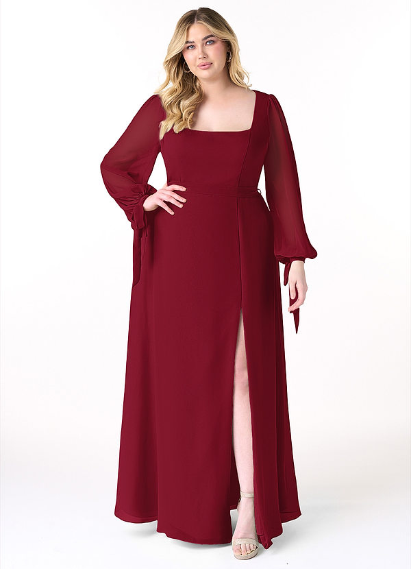 Azazie Leonia Bridesmaid Dresses Burgundy A-Line Long Sleeve Chiffon Dress image1