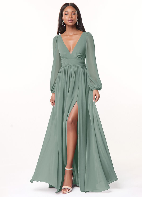 Azazie Norah Bridesmaid Dresses Silver Sage A-Line V-Neck Long Sleeve Chiffon Dress image1