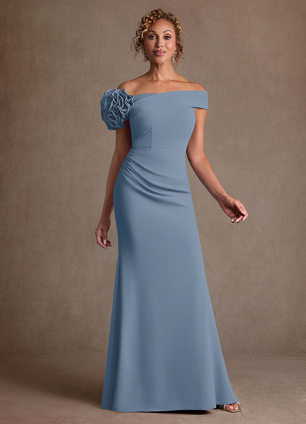 Azazie Gwynne Robe Mère de la Mariée & du Marié Robe Sirène en Crêpe Élastique Épaule décolletée Bleu Poussiéreux image1