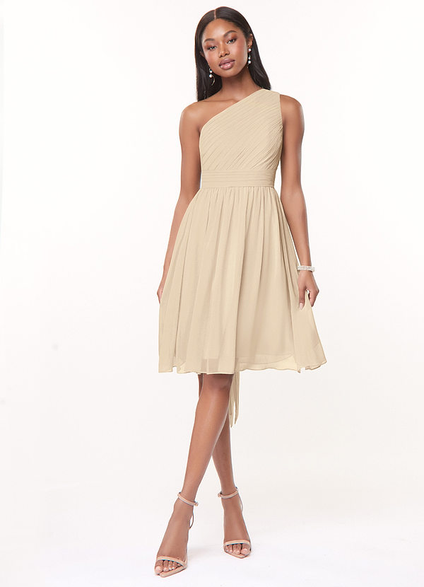 Azazie Katrina Bridesmaid Dresses Champagne A-Line One Shoulder Chiffon Dress image1