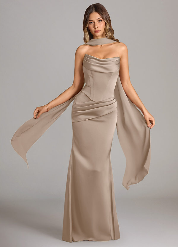 Azazie Sorrel Robes de demoiselle d'honneur Robe Sirène Convertible en Satin extensible Bustier Taupe image1
