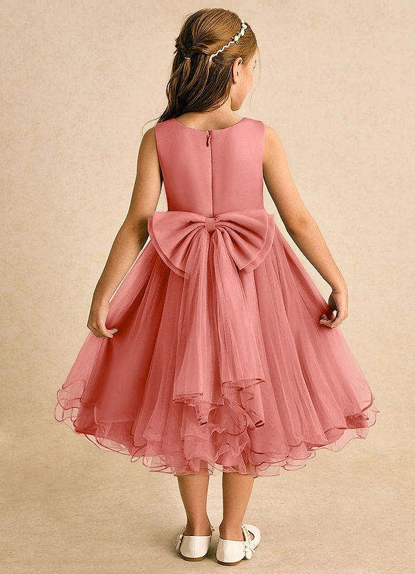 Azazie Lass Robes de cortège enfant Robe Trapèze en Tulle Nœud Rose Saumon image1