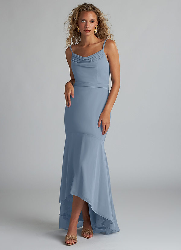 Azazie Summer Bridesmaid Dresses Dusty Blue Mermaid Scoop Cowl Chiffon Dress image1