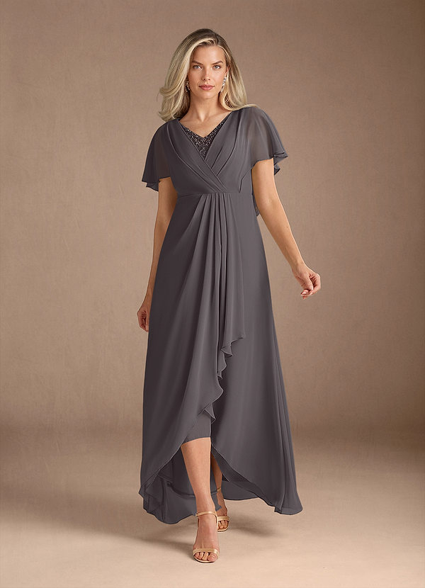 Azazie Eliza Mother of the Brides Dresses Steel Grey A-Line V-Neck Pleated Chiffon Dress image1