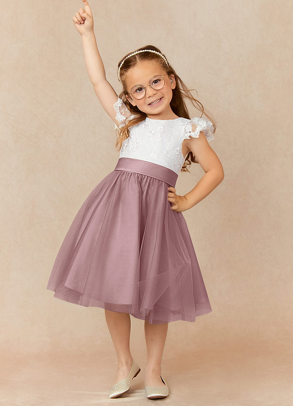 Azazie Vetty Flower Girl Dresses Ivory Dusty Rose A-Line Lace Tulle Dress image1