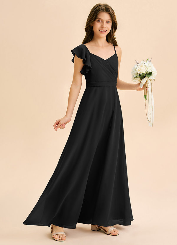 Azazie Kelsea Junior Vestido de Negro de Gasa de Corte en A con Volante image1