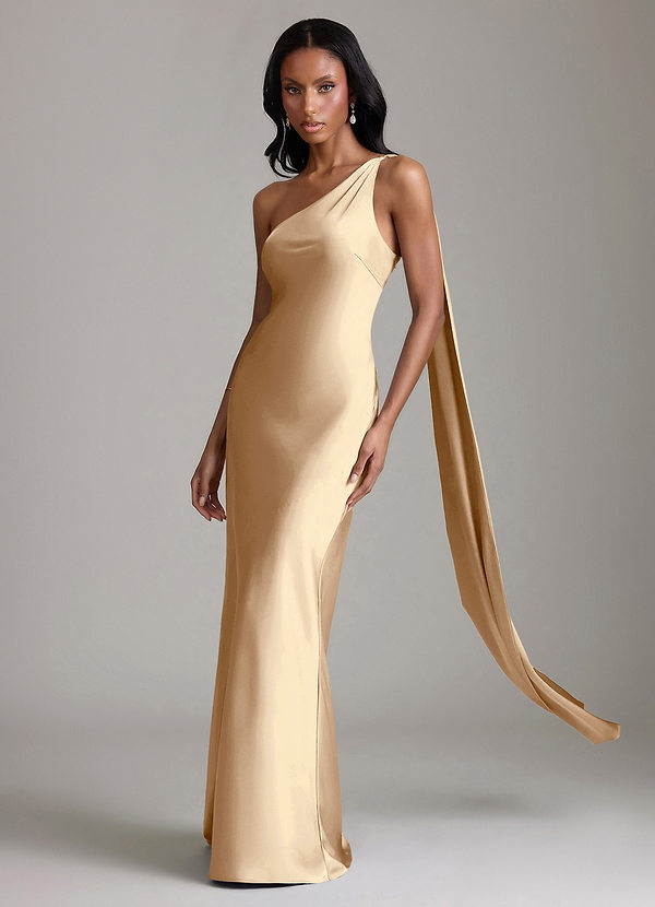 Azazie Galinda Bridesmaid Dresses Champagne Mermaid One Shoulder Stretch Satin Dress image1