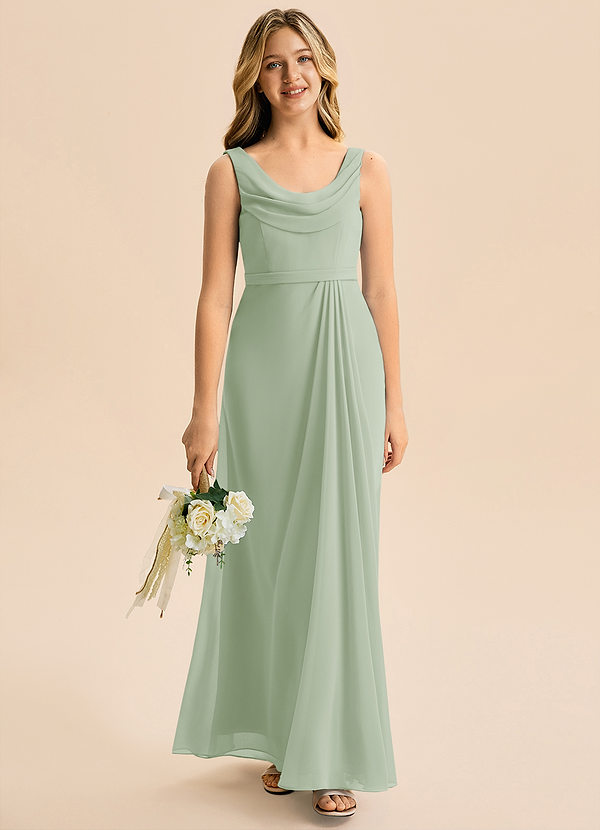 Azazie Evania Junior A-Linie Plissee Chiffon Kleid Staubiger Salbeigrün image1