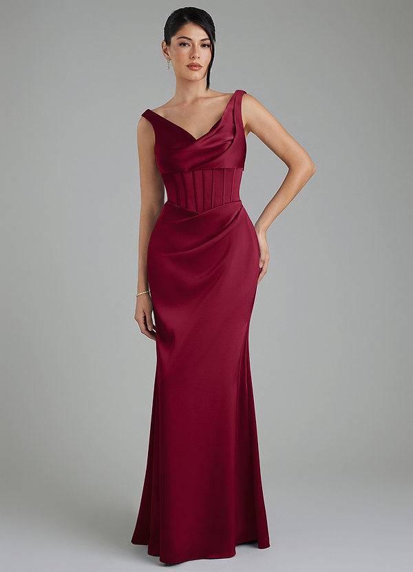 Azazie Spencer Robes de demoiselle d'honneur Robe Sirène en Satin extensible Plissée Bourgogne image1