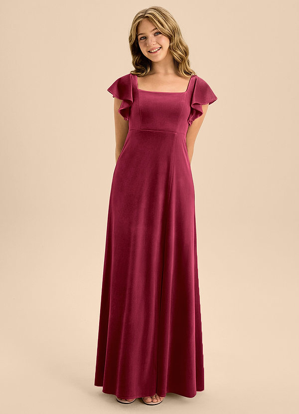 Azazie Bondi Junior Burgundy A-Line Bow Velvet Dress image1