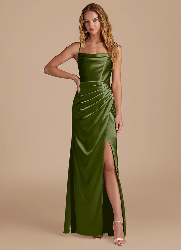 Azazie Marzia Bridesmaid Dresses Olive Mermaid Pleated Metallic Satin Dress image1