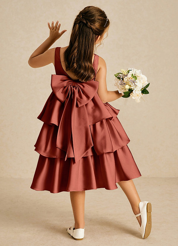 Azazie Margery Flower Girl Dresses Terracotta A-Line Bow Stretch Satin Dress image1
