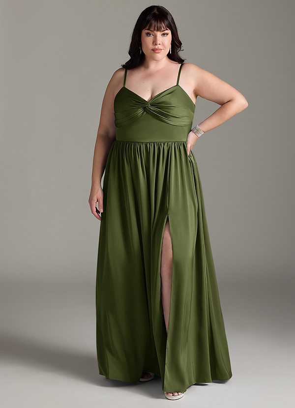 Azazie Zeya Bruidsmeisjes Jurken Jurk van Stretch Satijn met A-Lijn Geplooid Olijf image1