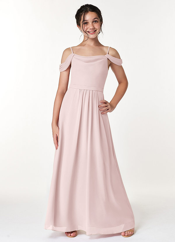 Azazie Alivia Junior Blushing Pink A-Line Off the Shoulder Chiffon Dress image1