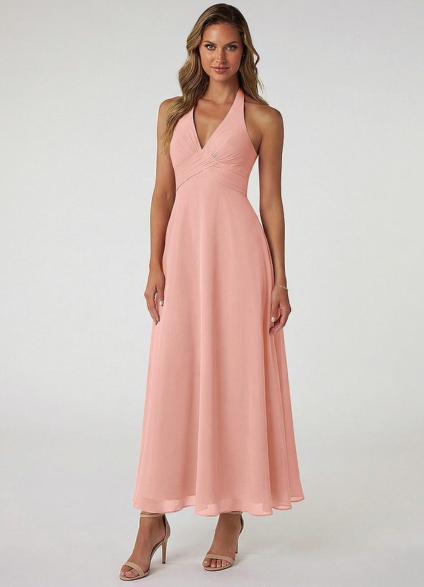 Azazie Tessie 신부 들러리 드레스 A라인 주름진 쉬폰 발목 길이 드레스 image1