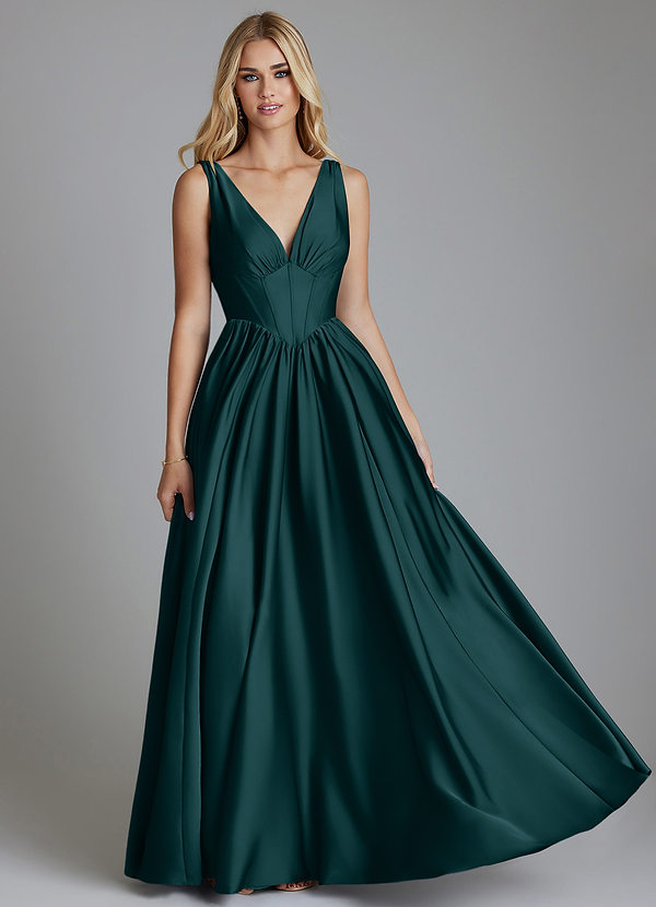 Azazie Delmie Bridesmaid Dresses Pine A-Line Corset Stretch Satin Dress image1