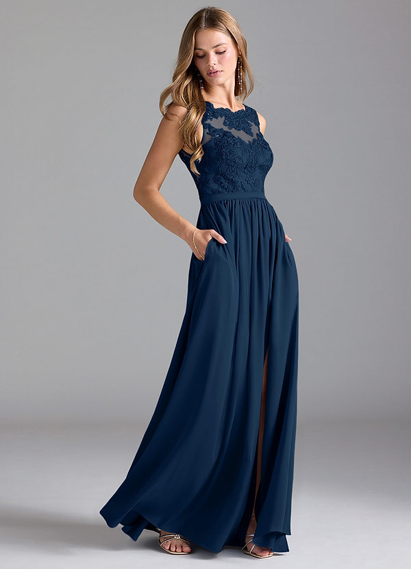 Azazie Elly Robes Demoiselle d'honneur Robe Trapèze en Satin extensible Dentelle Bleu Marine Foncé image1