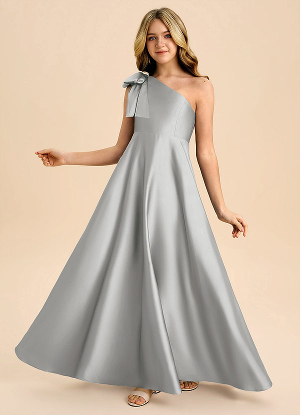 Azazie Penguin Junior Jurk van Stretch Satijn met A-Lijn Boog Zilver image1