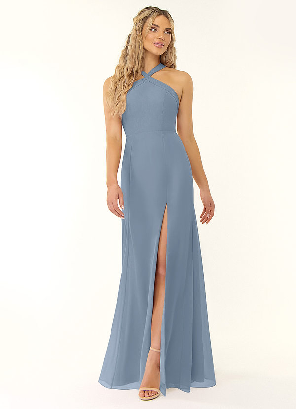 Azazie Rue Bridesmaid Dresses Dusty Blue A-Line Halter Chiffon Dress image1