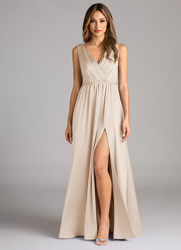 Azazie Tanicia Bridesmaid Dresses White Alabaster A-Line Pleated Stretch Satin Dress image1
