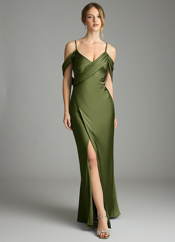 Azazie Malaya 신부 들러리 드레스 인어 주름진 스트레치 새틴 바닥 길이 드레스 image1