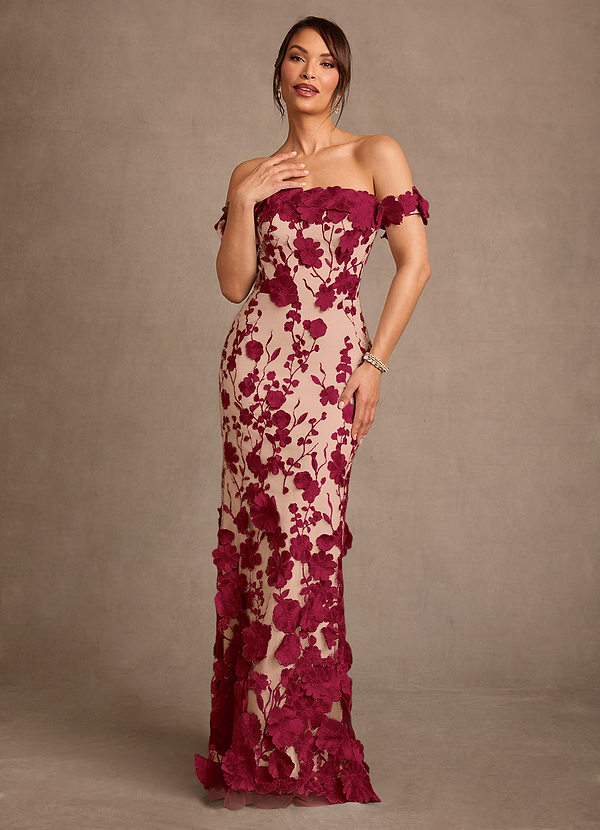 Azazie Lotta Mother of the Bride Dresses Vestido Borgonha Champanhe de Renda de sereia com Fora do ombro image1