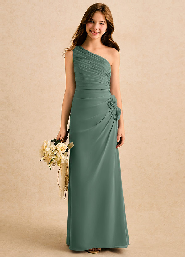 Azazie Sophie Girls Formal Robes de Fillette d'Honneur Robe Fourreau en Mousseline de soie Une épaule Eucalyptus image1