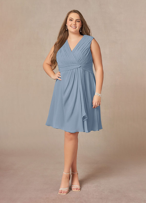 Azazie Theron Mother of the Brides Dresses Dusty Blue A-Line V-Neck Pleated Chiffon Dress image1