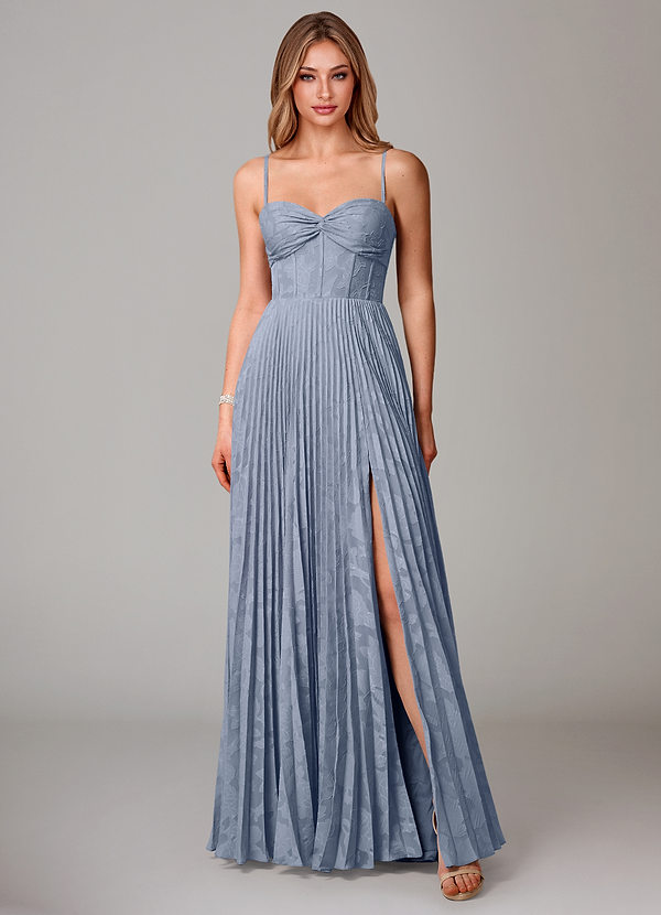 Azazie Akiko Bridesmaid Dresses Dusty Blue A-Line Sweetheart Neckline Floral Burnout Dress image1