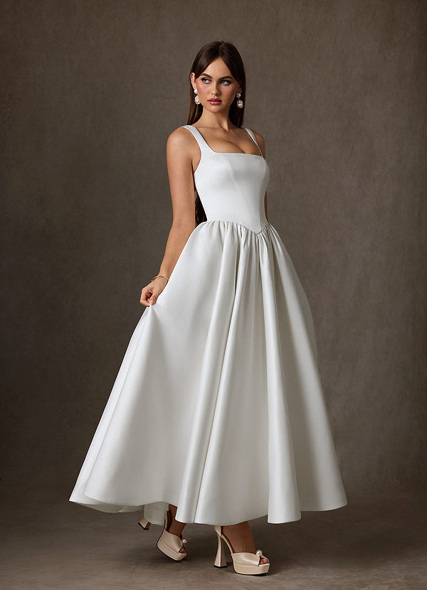 Azazie Verina Wedding Dresses Diamond White A-Line with Pockets Satin Dress image1