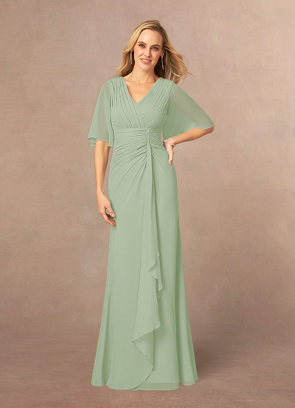 Azazie Carson Mother of the Brides Dresses Dusty Sage A-Line V-Neck Lace Chiffon Dress image1