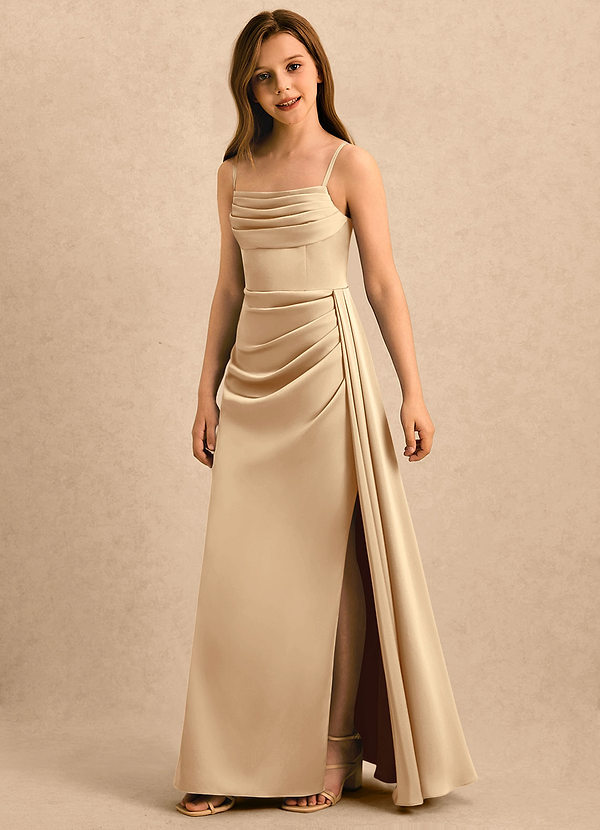 Azazie Shyla Girls Formal Bloemenmeisjesjurken Kolom Jurk van Stretch Satijn Geplooide Champagne image1