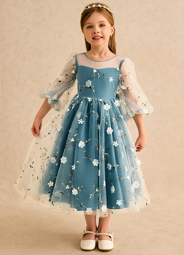 Azazie Elowen Flower Girl Dresses Ink Blue A-Line Sweetheart Neckline Lace Dress image1