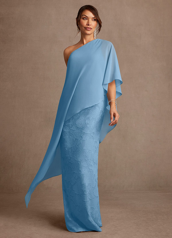 Azazie Wilma Mother of the Brides Dresses Steel Blue Sheath One Shoulder Floral Burnout Dress image1