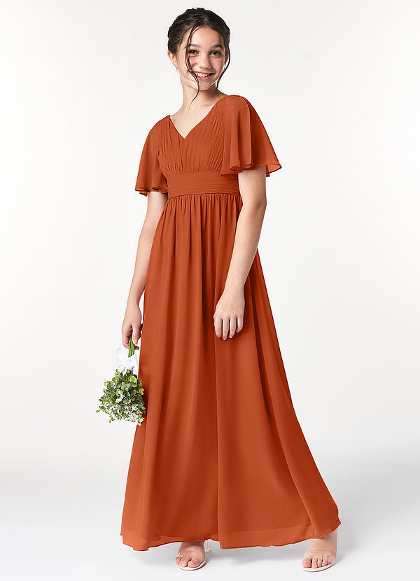 Azazie Temeka Junior Burnt Orange A-Line Pleated Chiffon Dress image1