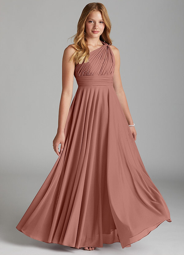 Azazie Charlize Junior Cedar Rose A-Line Mesh Dress image1