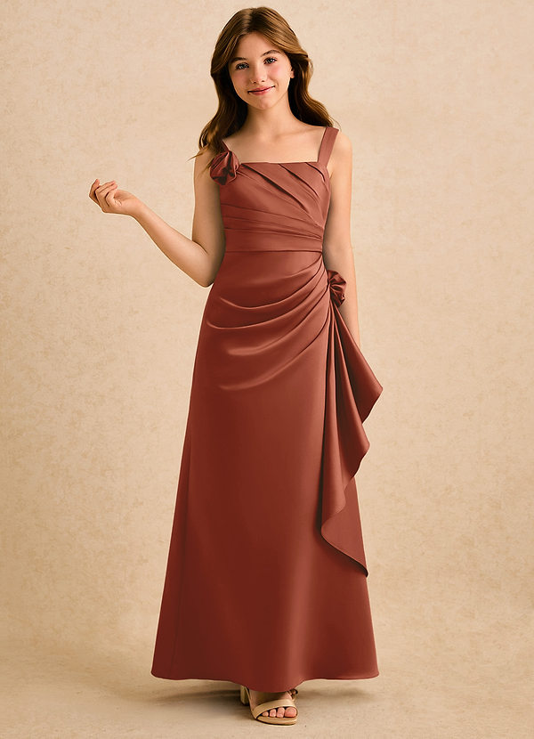 Azazie Ciara Girls Formal Bloemenmeisjes Jurken A-Lijn Jurk van Mat Satijn Geplooid Kastanjebruin image1