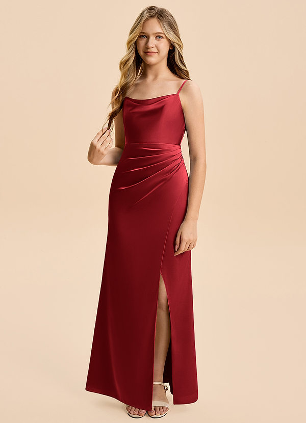 Azazie Christen Junior Scarlet Sheath Pleated Stretch Satin Dress image1