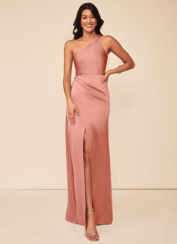 Azazie Maron Bridesmaid Dresses Coral A-Line One Shoulder Stretch Satin Dress image1