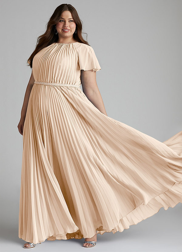 Azazie Kara Modest Bridesmaid Dresses A-Line Pleated Chiffon Floor-Length Dress image1