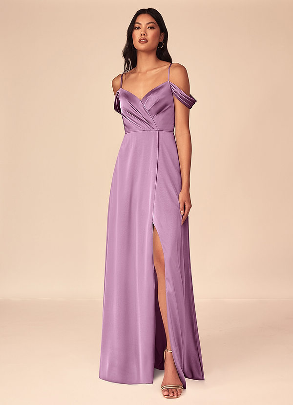 Azazie Ocean Robes Demoiselle d'honneur Robe Trapèze en Satin extensible Col V plissé Glycine image1