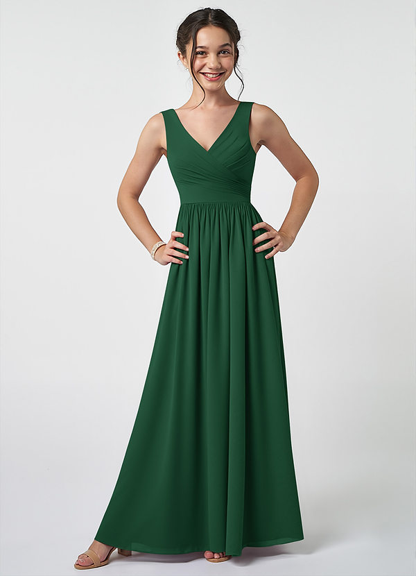 Azazie Keyla Junior A-Linie Plissee Chiffon Kleid Dunkelgrün image1