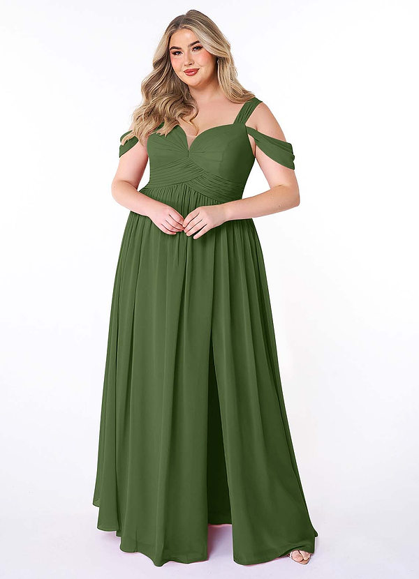 Azazie Lianne Bridesmaid Dresses Olive A-Line Off the Shoulder Chiffon Dress image1