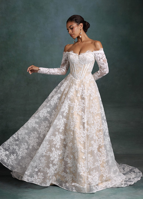 Azazie Skylar Wedding Dresses Diamond White Champagne A-Line Sweetheart Neckline Lace Dress image1