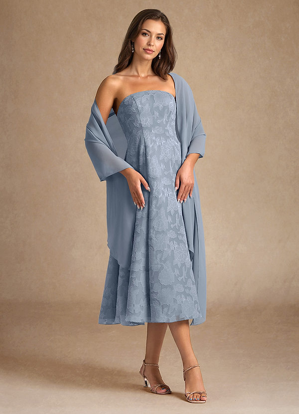 Azazie Lorain Vestidos de Madre de la Novia Vestido de Azul Polvoriento de Devorado Floral de Corte En A con Plisado image1