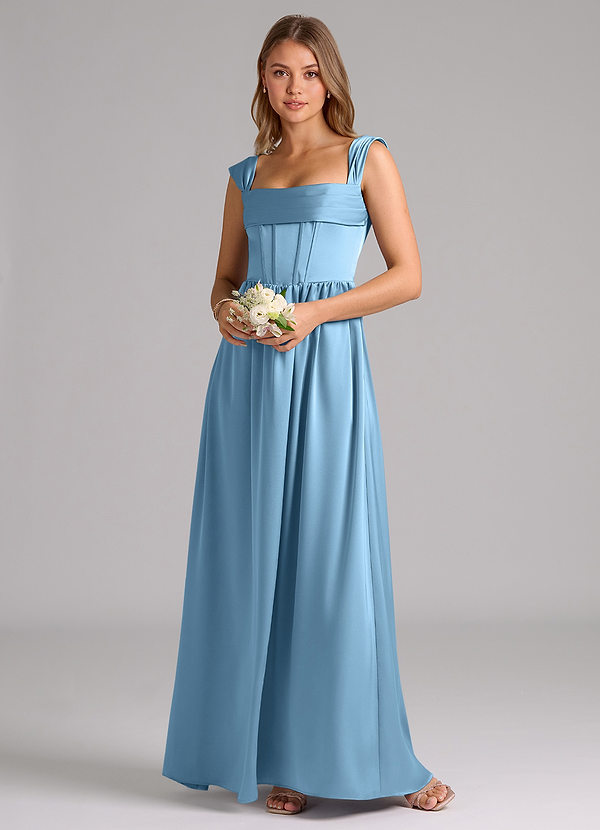 Azazie Hattie Bridesmaid Dresses Steel Blue A-Line Corset Stretch Satin Dress image1