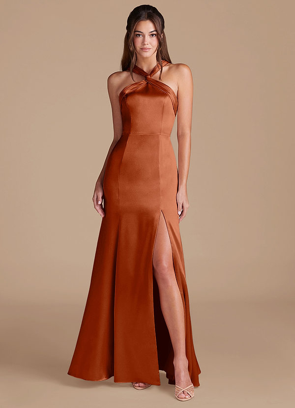 Azazie Rue Bruidsmeisjes Jurken Jurk van Metaalachtig Satijn met Zeemeermin Geplooid Kastanjebruin image1