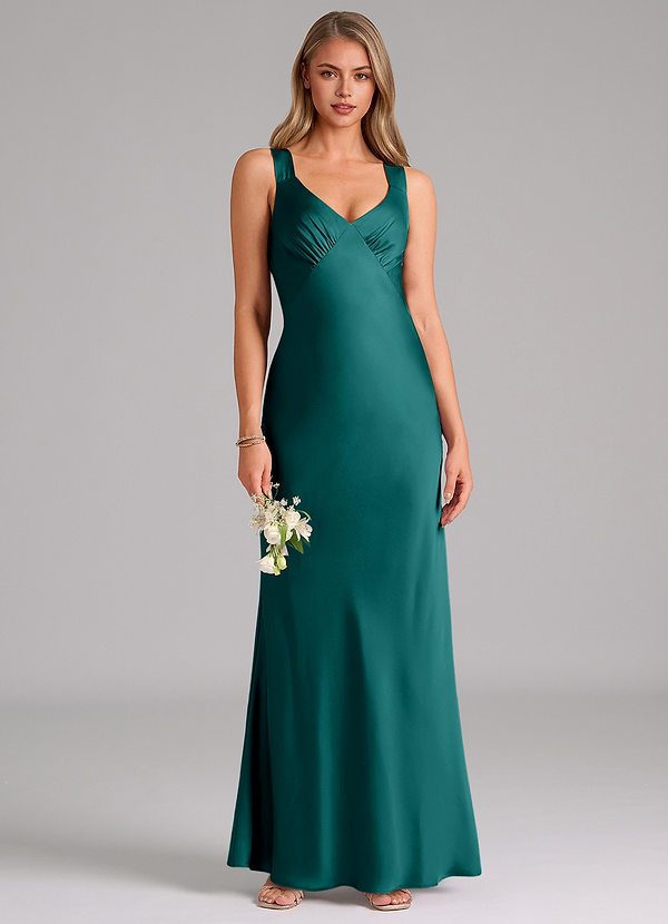 Azazie Kamila Bridesmaid Dresses Peacock A-Line Pleated Stretch Satin Dress image1
